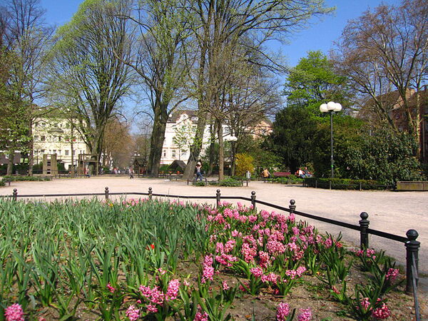 Ein Weg am Nord-Markt. Es ist ein Beet mit Blumen zu sehen